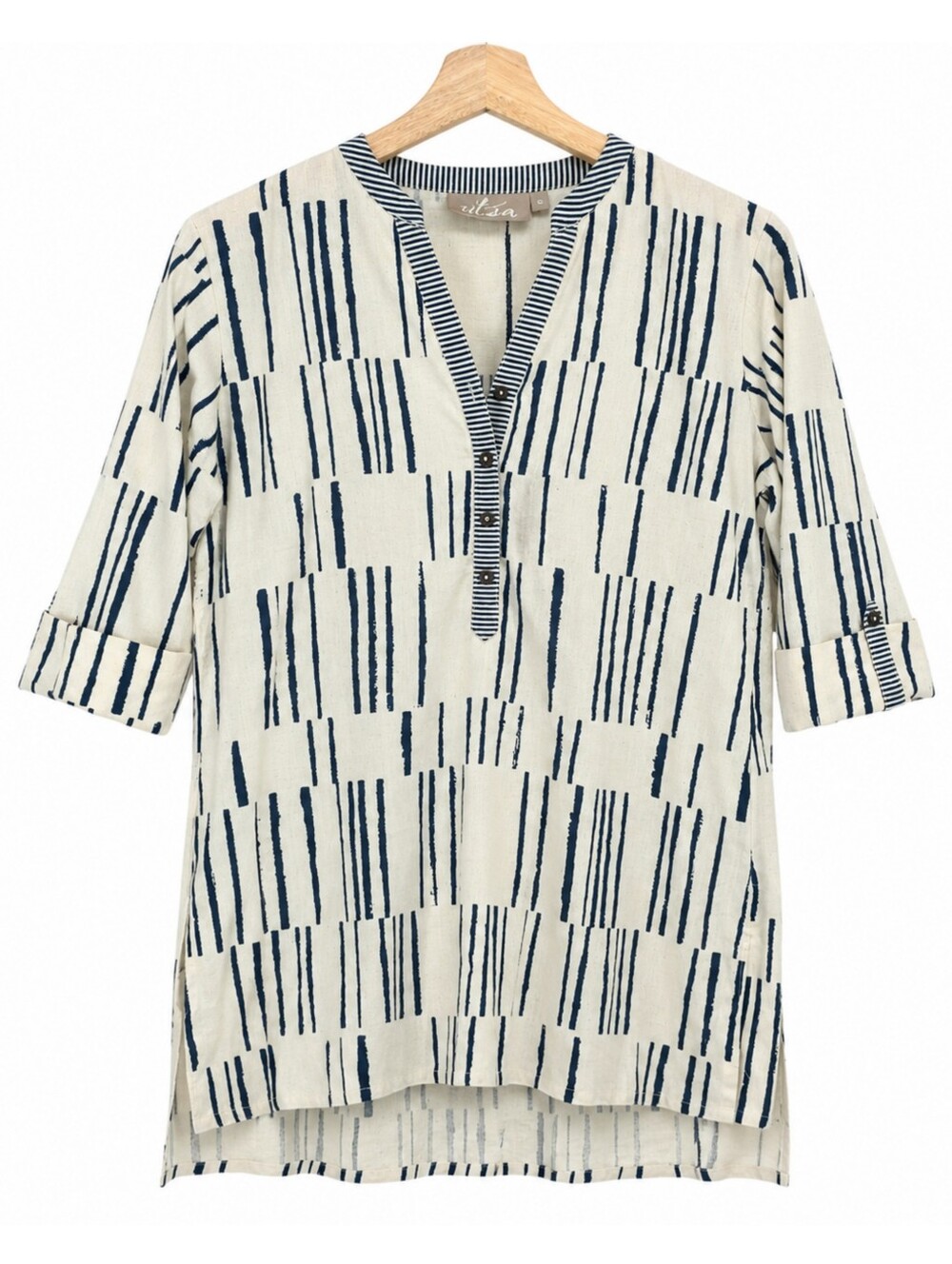 Utsa Cotton Linen Blend Coastal Lagenlook Abstract Tunic Hi Low Small - Picture 2 of 15